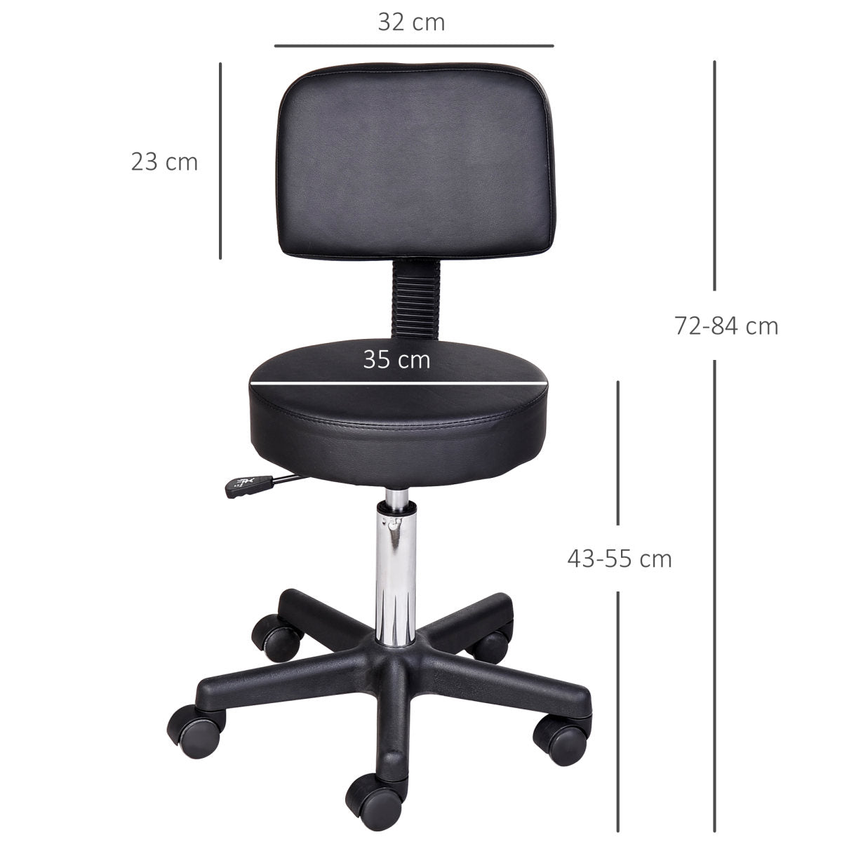 Rollhocker Höhenverstellbar Mit Rückenlehne Drehhocker 72-84 Cm Arbeitshocker 360° Drehbar Bürohocker Für Büro Salon Massage Spa Schwarz