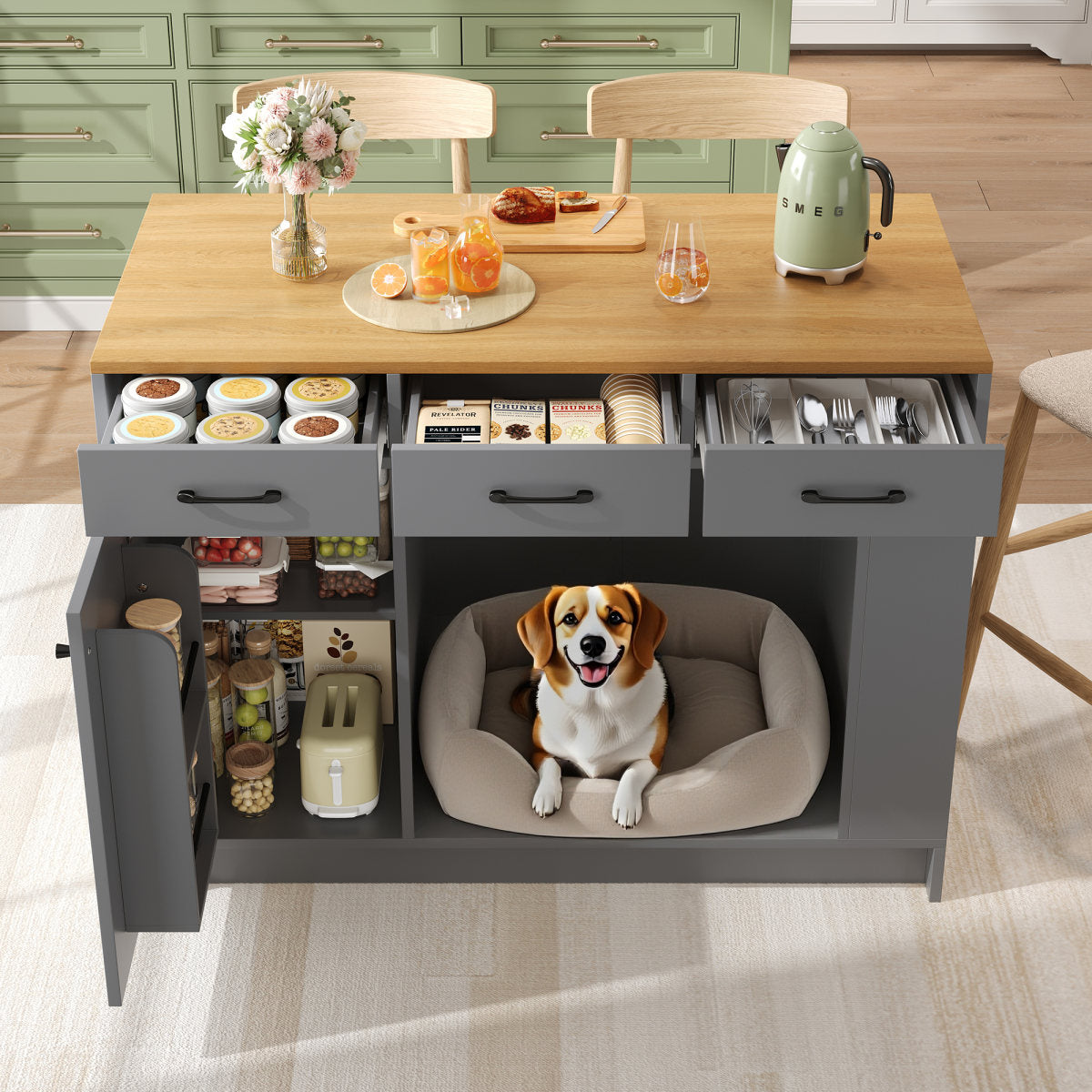 Kitchen Island, Cabinet With 3 Drawers, 1 Spice Shelf, Adjustable Shelf Top, Double Shelf  Without Dog Food Plate , Spacious Pet Storage Area  Without Dog Cushion , 120x60x90 Cm, Grey