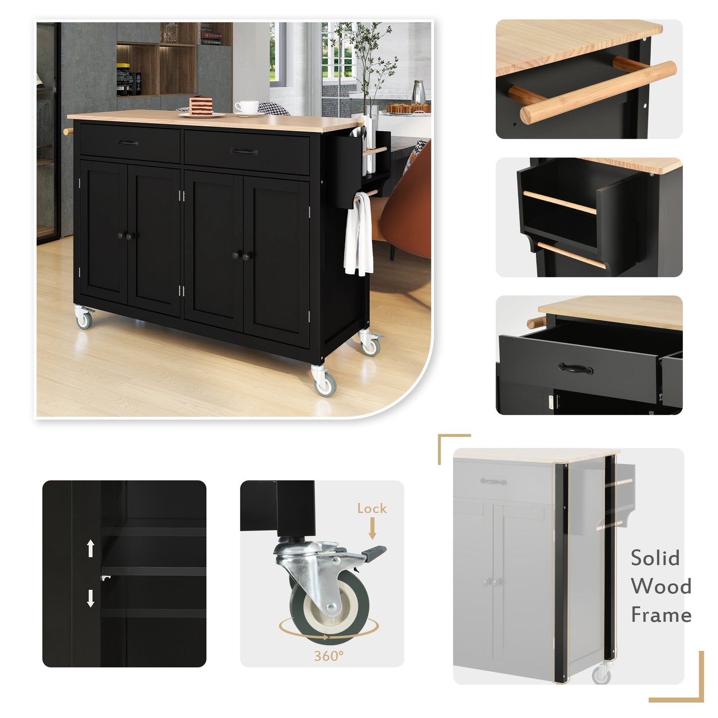 Kitchen Island Cart With Solid Wood Top And Locking Wheels,54.3 Inch Width,4 Door Cabinet And Two Drawers,Spice Rack, Towel Rack  Black