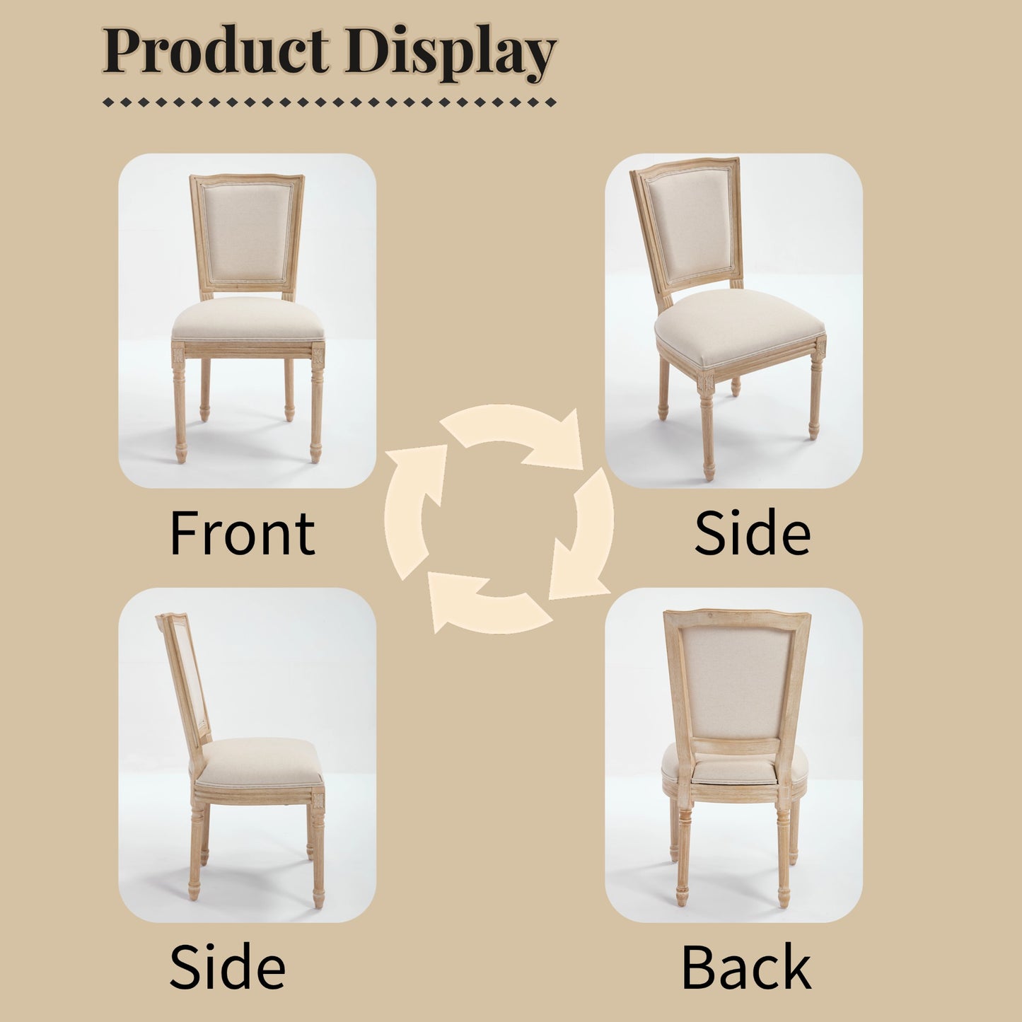 French Country Dining Chairs Set Of 2, Upholstered  Chairs With  T Shaped Back, Wire Drawing And Carving Techniques ,Disassemblable ,  For Living Room, Kitchen , Restaurant Use, Beige