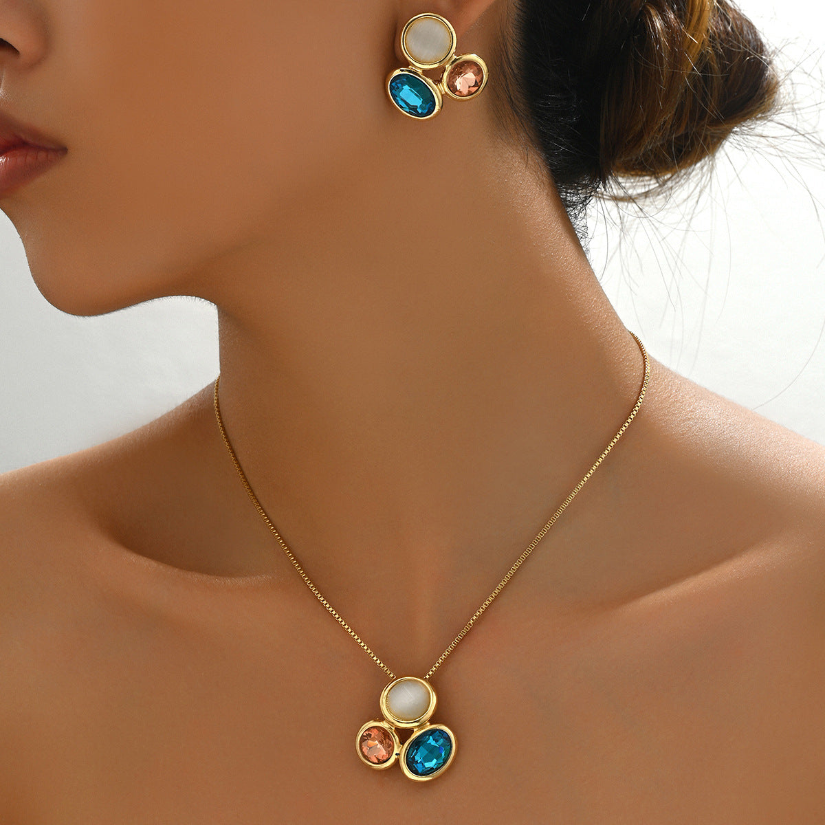 Ins Niche Japanese Korean Style Women Jewelry Set, Long Forest Vibe Clavicle Necklace & Matching Earrings Inlaid Multicolor Cubic Zirconia, Versatile Daily Neck Ear Accessories