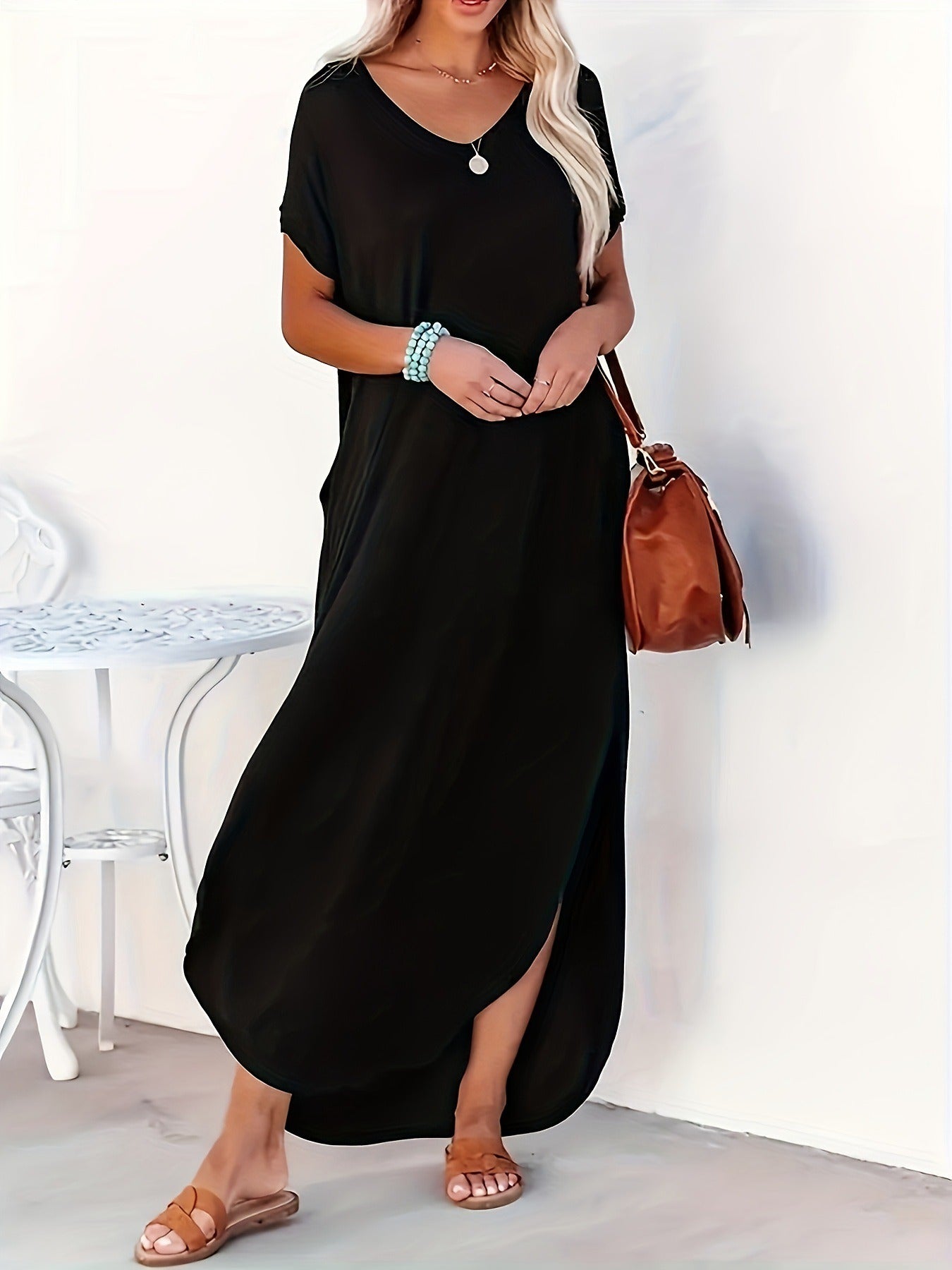 Summer New Arrival, Loose-fitting, Stylish, Casual & Elegant Solid Color Dress With Slit Design