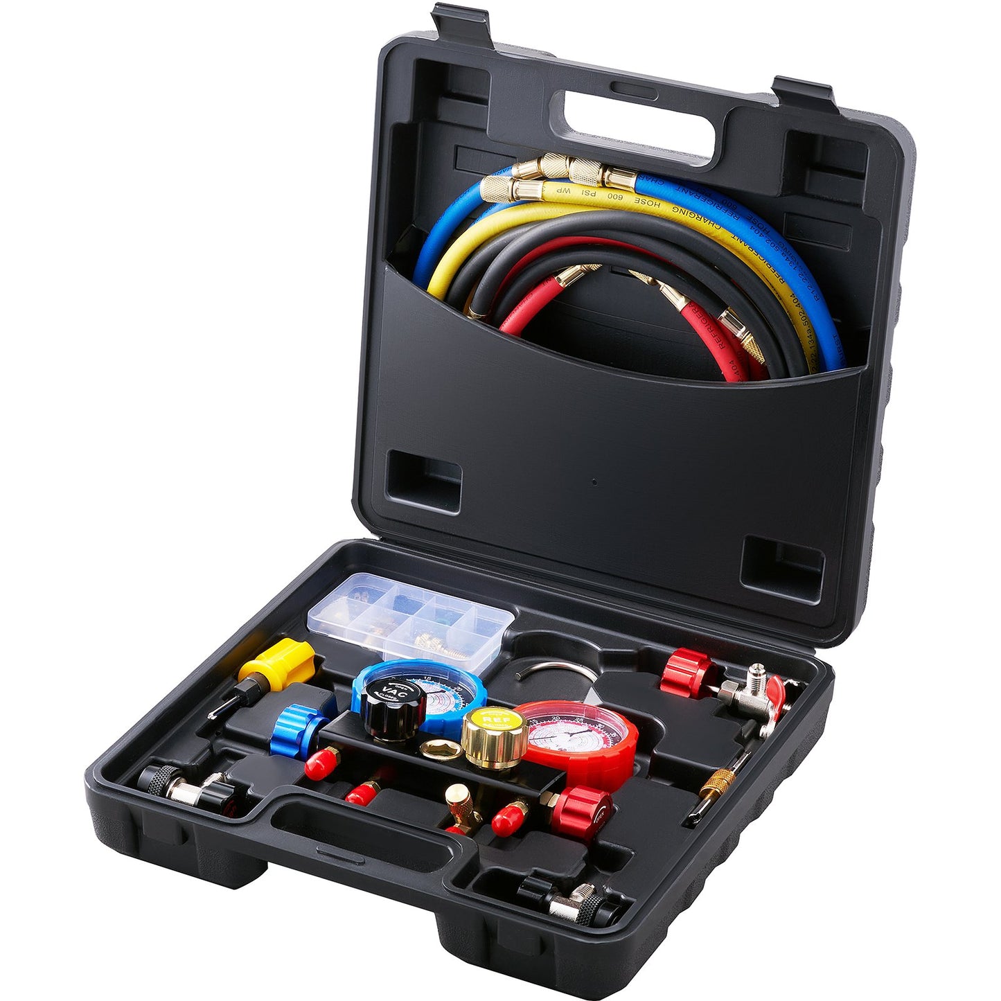 4 Way AC Gauge - AC Manifold Gauge Set For R134A R22 R12 R410A Refrigerant, Freon Gauges With 5ft Hoses, Couplers, Can Tap Works On Car Auto Freon Charging And Evacuation