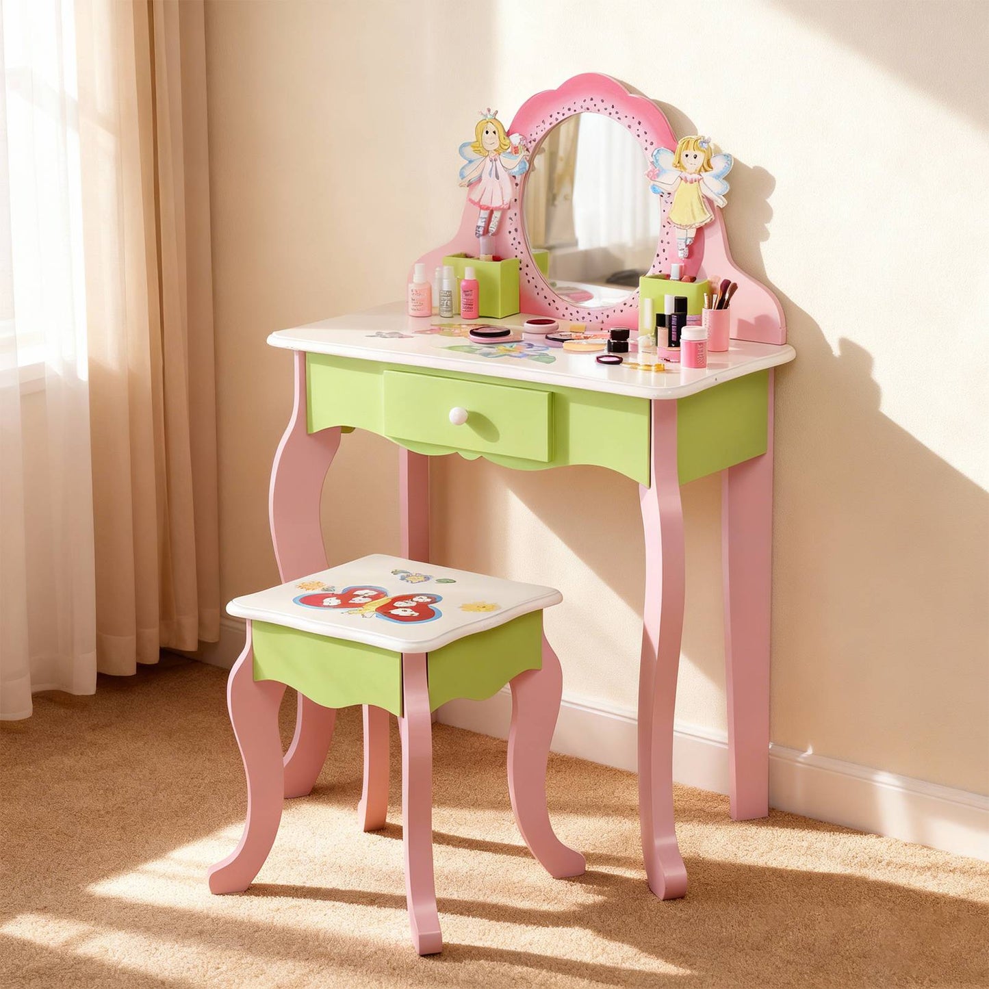 Kids Vanity Set With Mirror Drawer Flower Fairy Design Wooden Toddler Girls Makeup Dressing Table Chair Set For Over 3 Years Kids