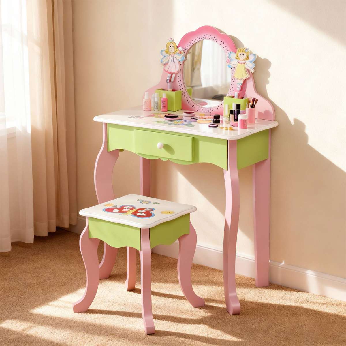 Kids Vanity Set With Mirror Drawer Flower Fairy Design Wooden Toddler Girls Makeup Dressing Table Chair Set For Over 3 Years Kids