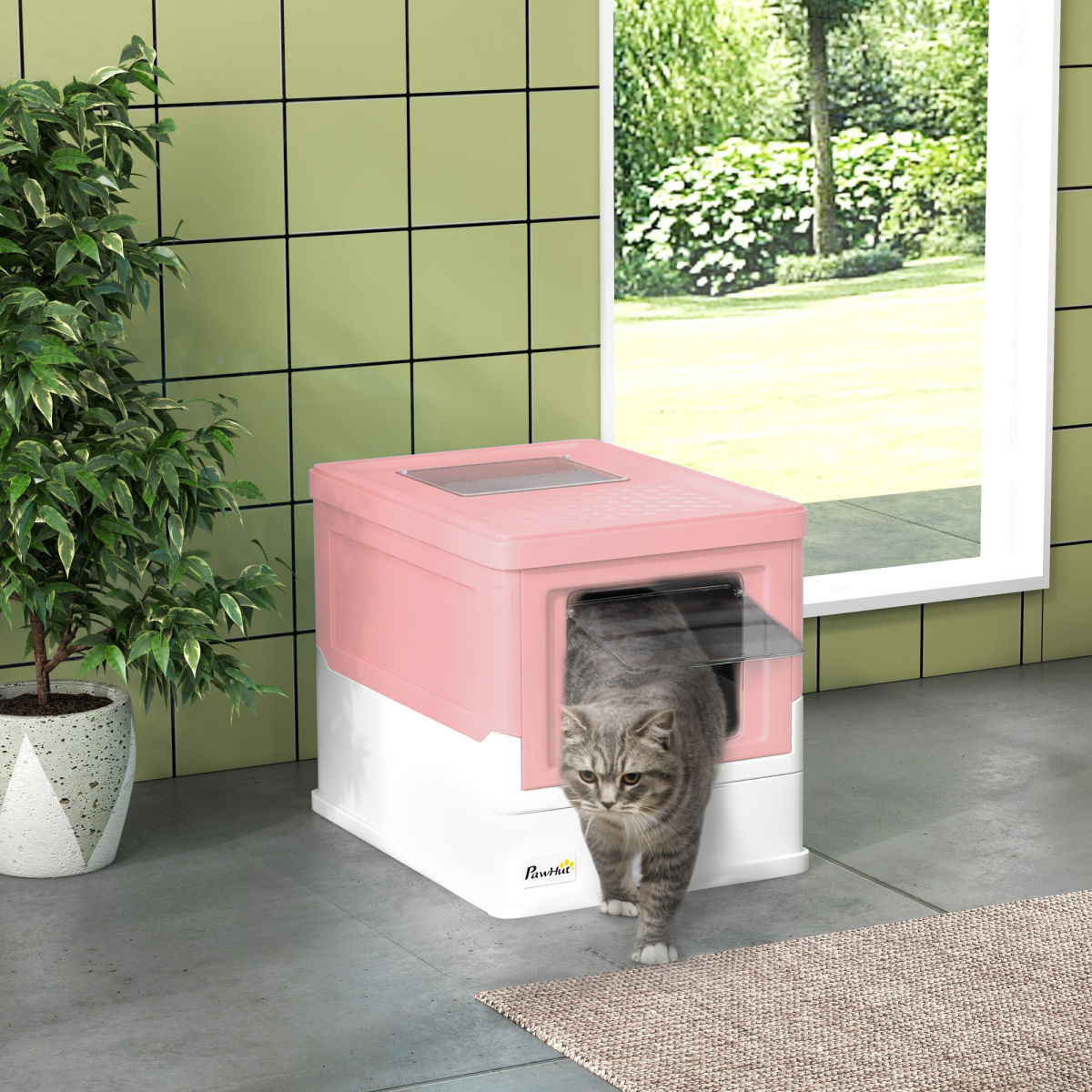PawHut Hooded Cat Litter Box, Portable Pet Toilet, With Scoop, Front Entry - Pink