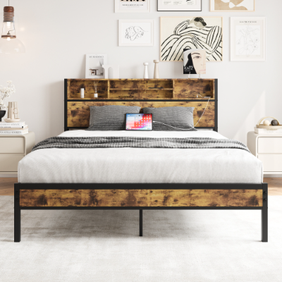 Queen Bed Frame With Storage Headboard, Metal Platform Bed With Charging Station, Bookcase Storage, No Box Spring Needed, Easy Assembly, Noise-Free, Black