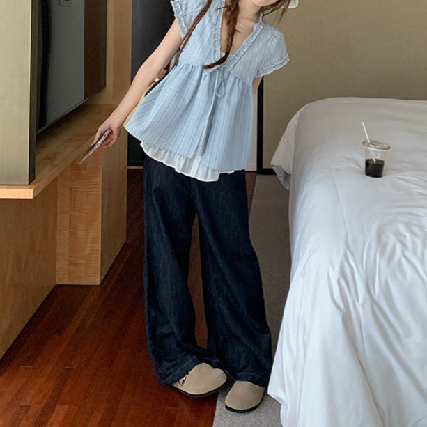 Korean-style Frilly Hem Loose-fit Korean-style Mock Two-piece Short-sleeved Blue