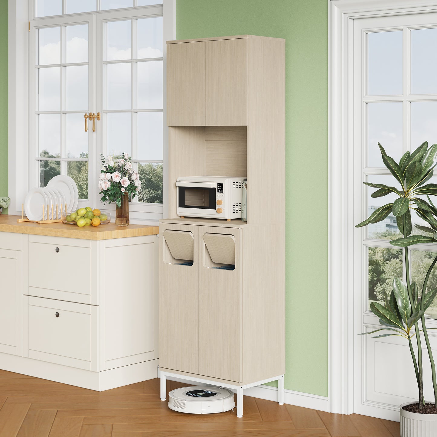 Trash Cabinet, Kitchen Cabinet With Garbage Rack, 181cm Tall Cabinet With Microwave Compartment & Garbage Area, Height-adjustable Storage Space For Vacuum Cleaner, 53x35x181cm