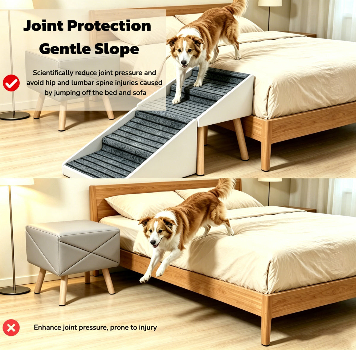 2-in-1 Dog Stairs for Bed and Couch 18.89" Foldable Dog Ramp for Couch 4 Pet Steps  & Ottoman for Small Dogs, Beige