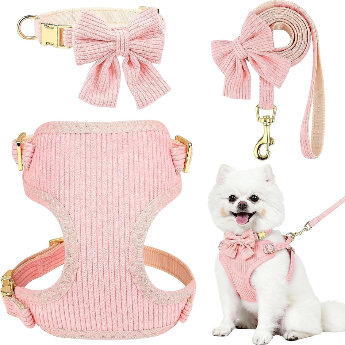 Small Dog Collar Harness And Leash Set, Dog Harness No Pull With Bowtie, Breathable Cotton Adjustable Pet Puppy