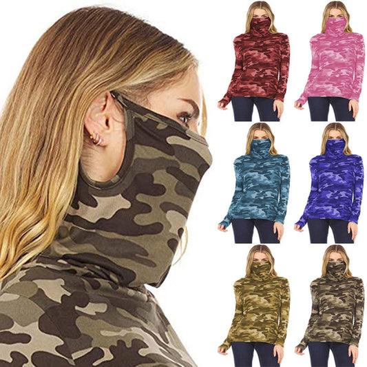 Women Camo Print Long Sleeve Turtleneck Shirts With Built-in Face Mask, Stretchy Lightweight Neck Gaiter Pullover Outdoor Windproof Tops