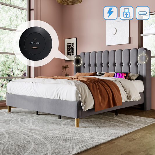 Upholstered Bed Double Bed With USB Type C Charging Function, Bed Frame With Slatted Base, Upholstered Bed In Grey, 180 X 200 Cm Bed Frame Youth Bed For Bedroom Guest Room Linen Material