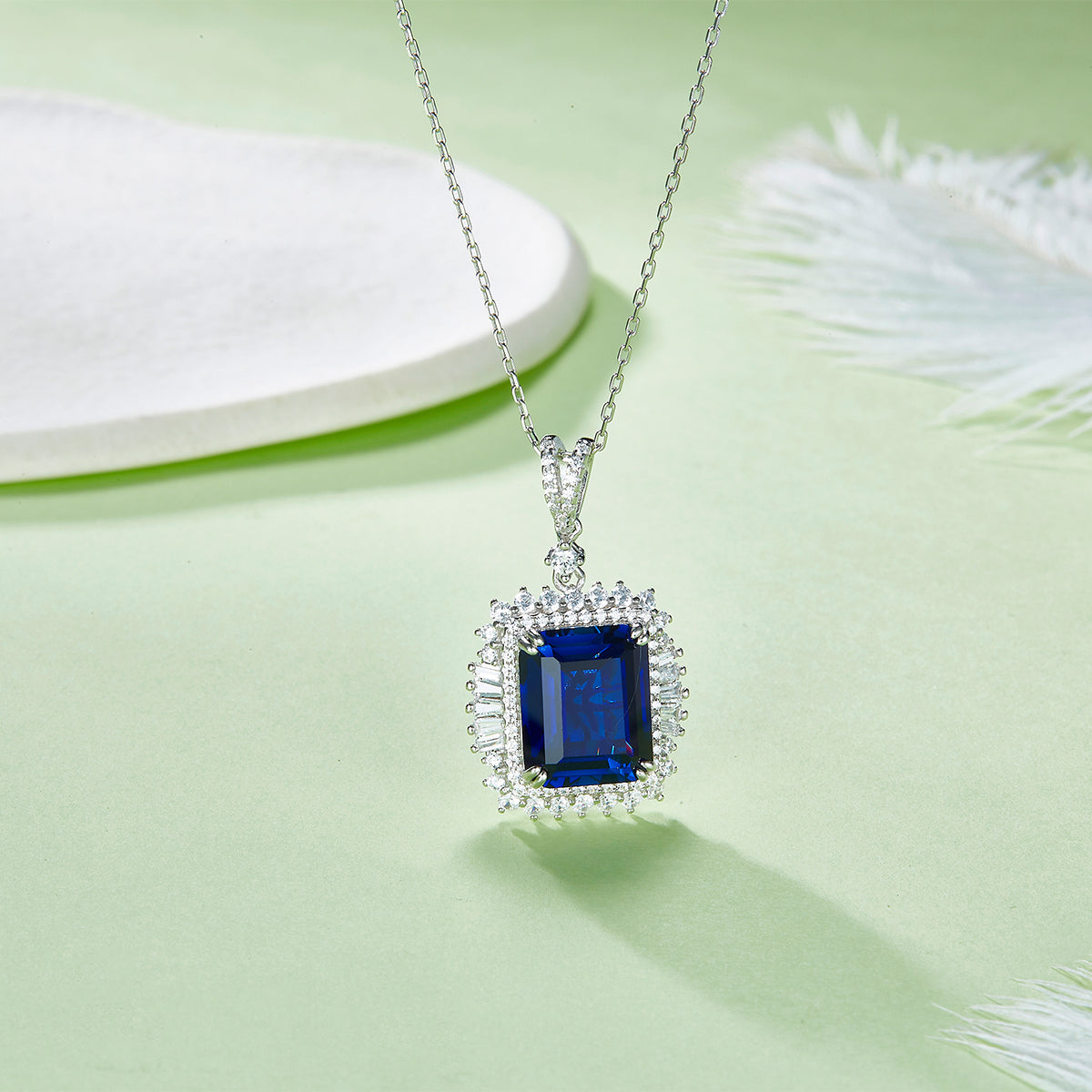 S925 Sterling Silver 10x12mm Lab-Grown Ruby Sapphire Emerald Halo Pendant Necklace, Platinum Plated 40&45cm Chain, 5.5g Women's Jewelry Gift Box