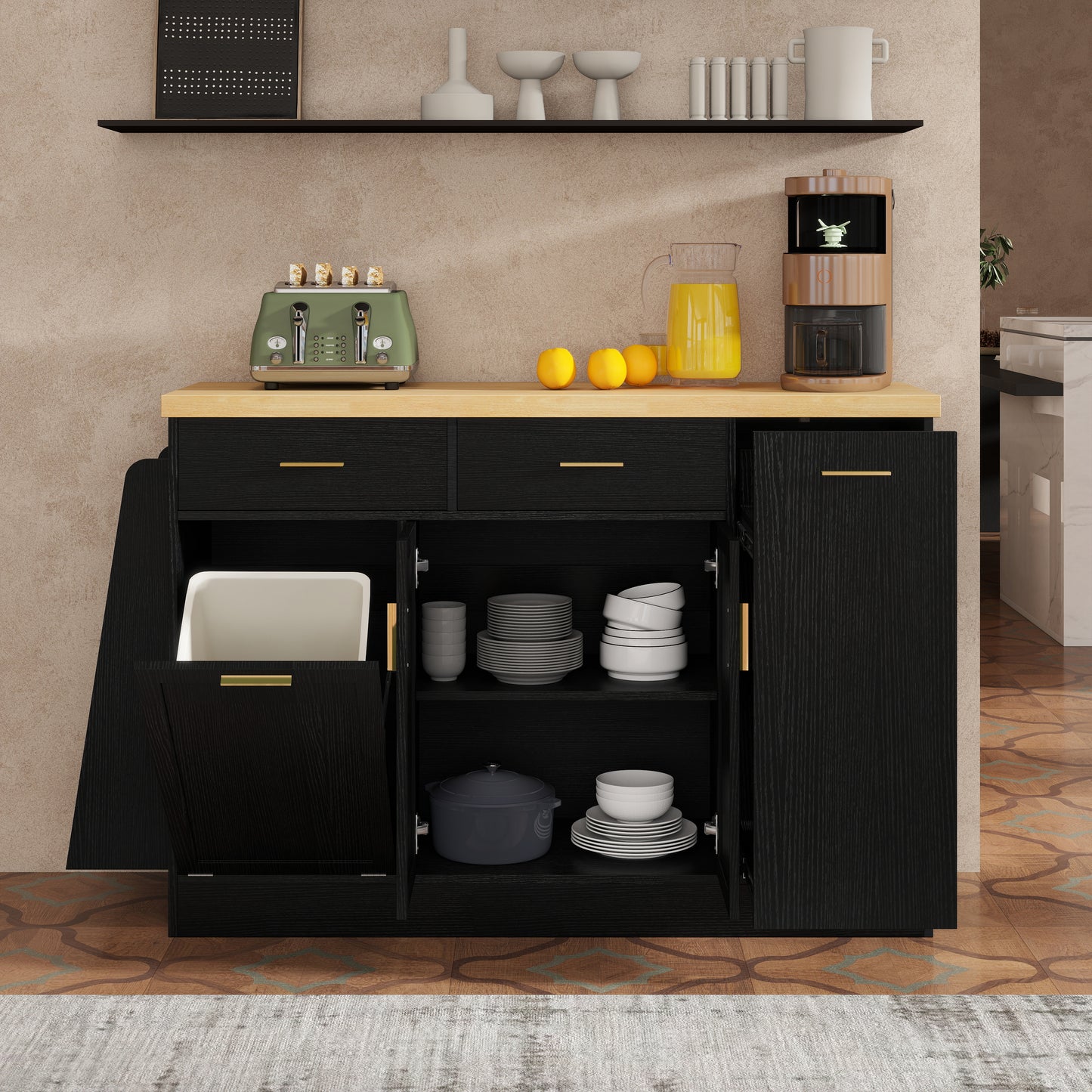 TREXM Multi-Functional Storage Sideboard  Trash Can Storage  Sliding Door Cabinet & 3-Tier Spice Rack Kitchen Island Table For Kitchen  Dining Room  Black