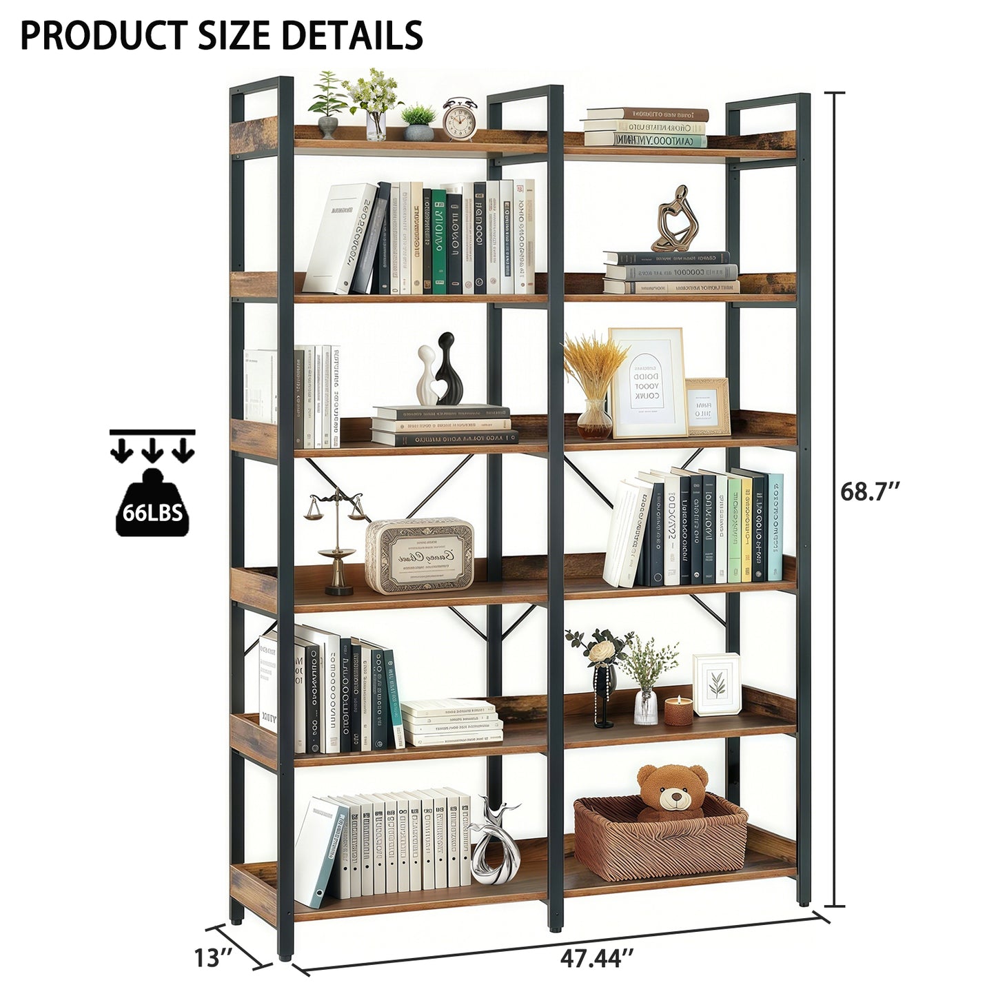 6-Tier Industrial Bookshelf, 67  Wooden Bookshelf With Open Shelves, Freestanding Metal Frame Bookcase For Storage And Display, Modern Book Shelves For Bedroom, Living Room And Home Office, Brown