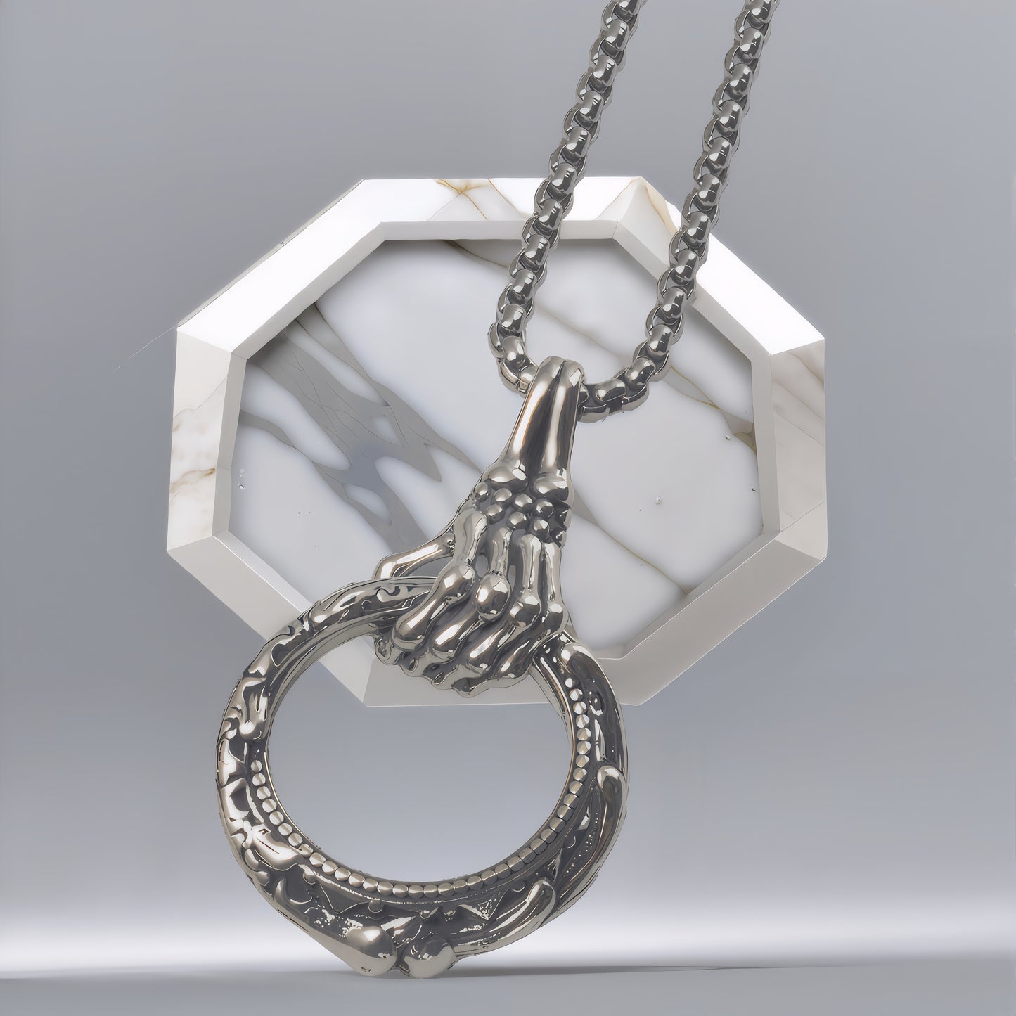Antique Gothic Skeleton Hand Clutch Ring Pendant Necklace For Men, Copper Plated Silver Vintage Scroll Engraved Biker Punk Dark Style Jewelry Gift
