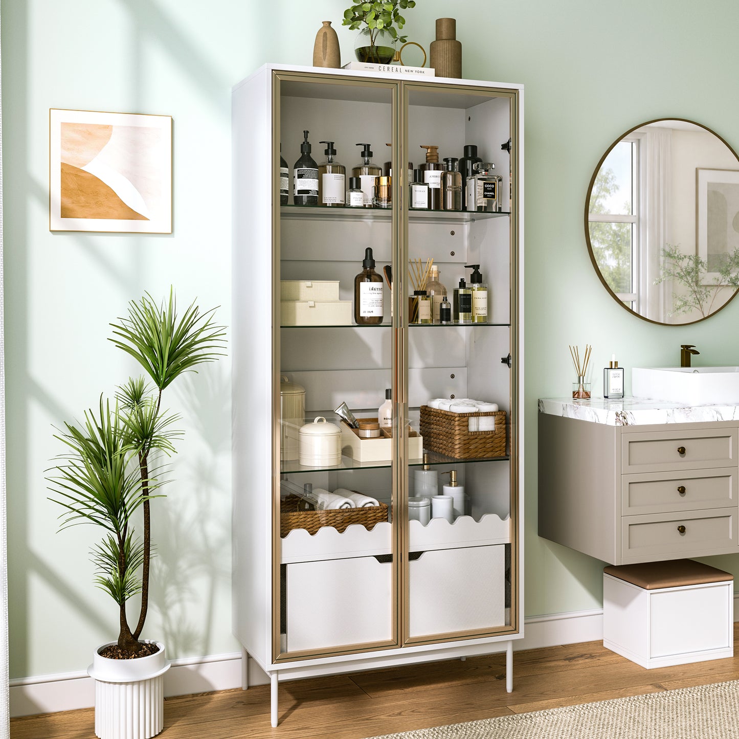 Tall Cabinet With Glass Door, Height-adjustable Glass Shelves, With Drawer, Wave Decor, Metal Feet  Suitable For Living Room, Bedroom And Hallway
