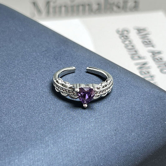 High Grade Light Luxury Nine Purple Fire Purple Stone Open Band Ring, Sweet Cool Stylish Niche Designer Women Ring, Ideal Jewelry Gift For Dating Daily Casual Occasions