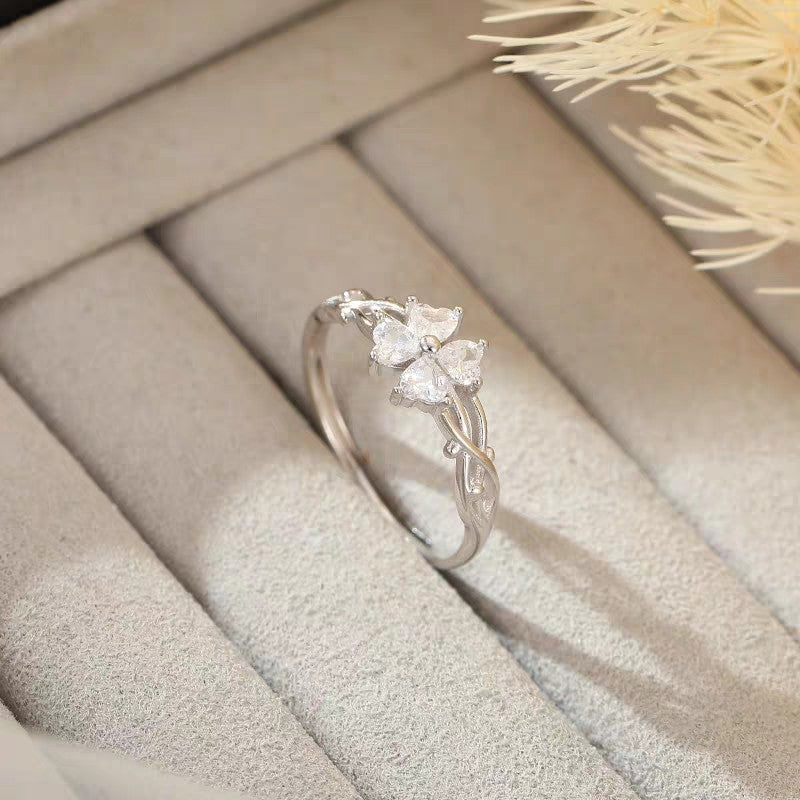 1 Piece 999 Sterling Silver Four-Leaf Clover CZ Ring, Delicate Vine Band Style, For Daily Wear & Valentine's Gifts