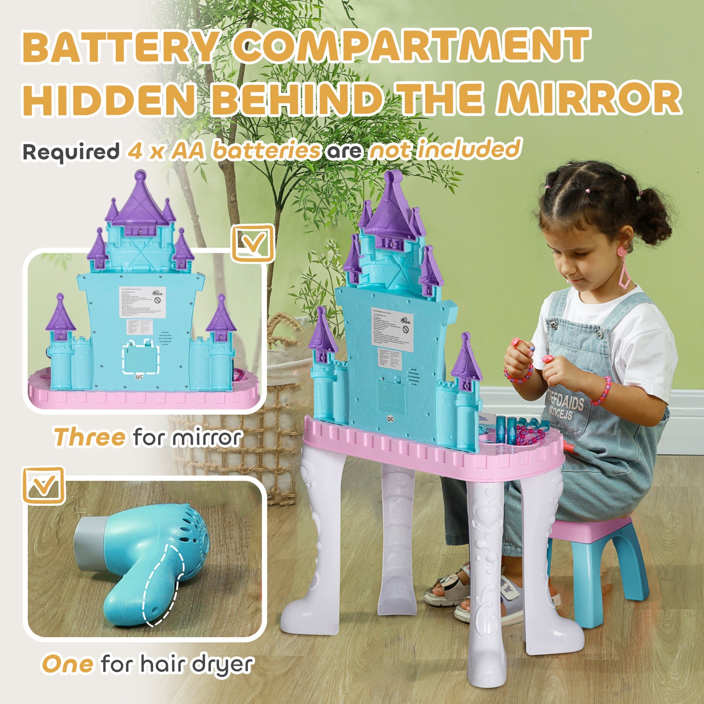 Kids Vanity Set with Mirror and Stool, Light, Music, Castle Design Makeup Table for Girls 3-6 Years, Multicolor