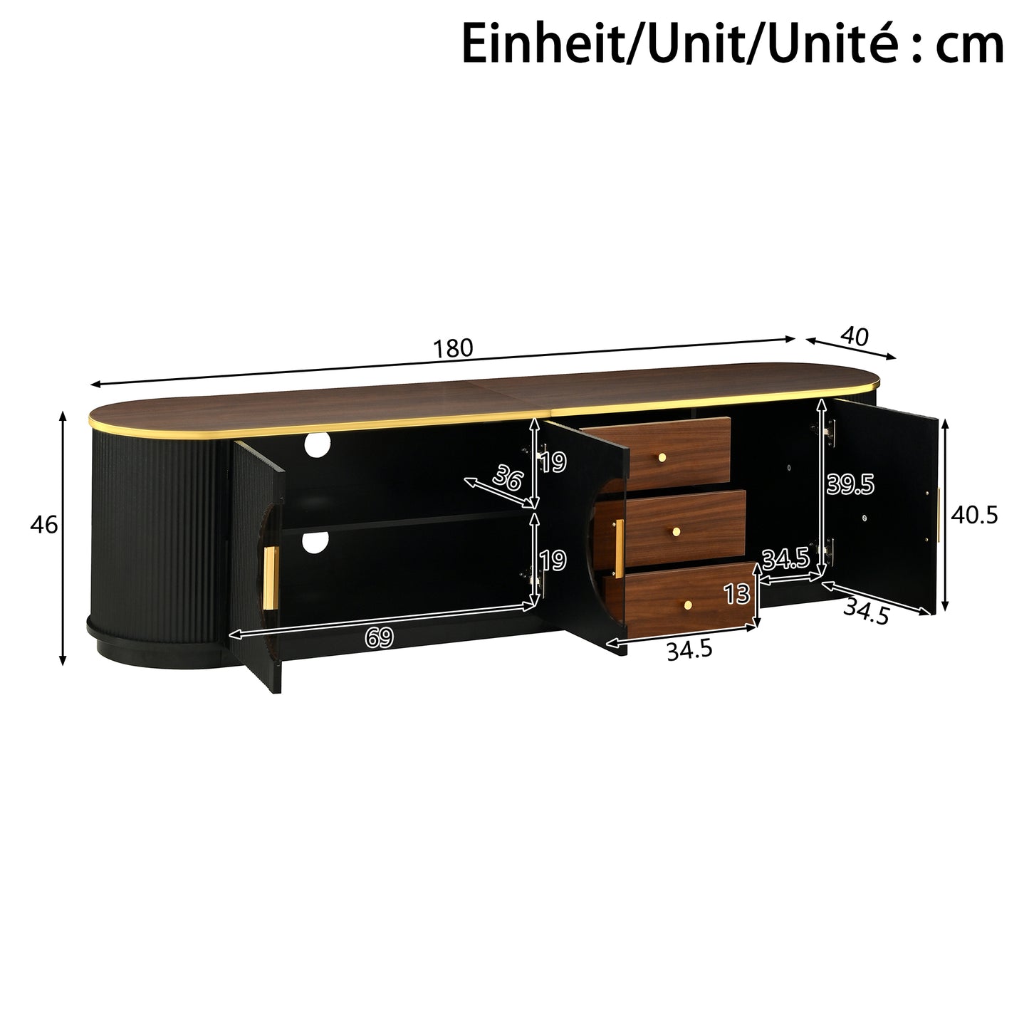 Luxury Style TV Cabinet, Lowboard, Amber Glass, MDF Body, Aluminum Handles, Rounded Edges, Vertical Groove Look