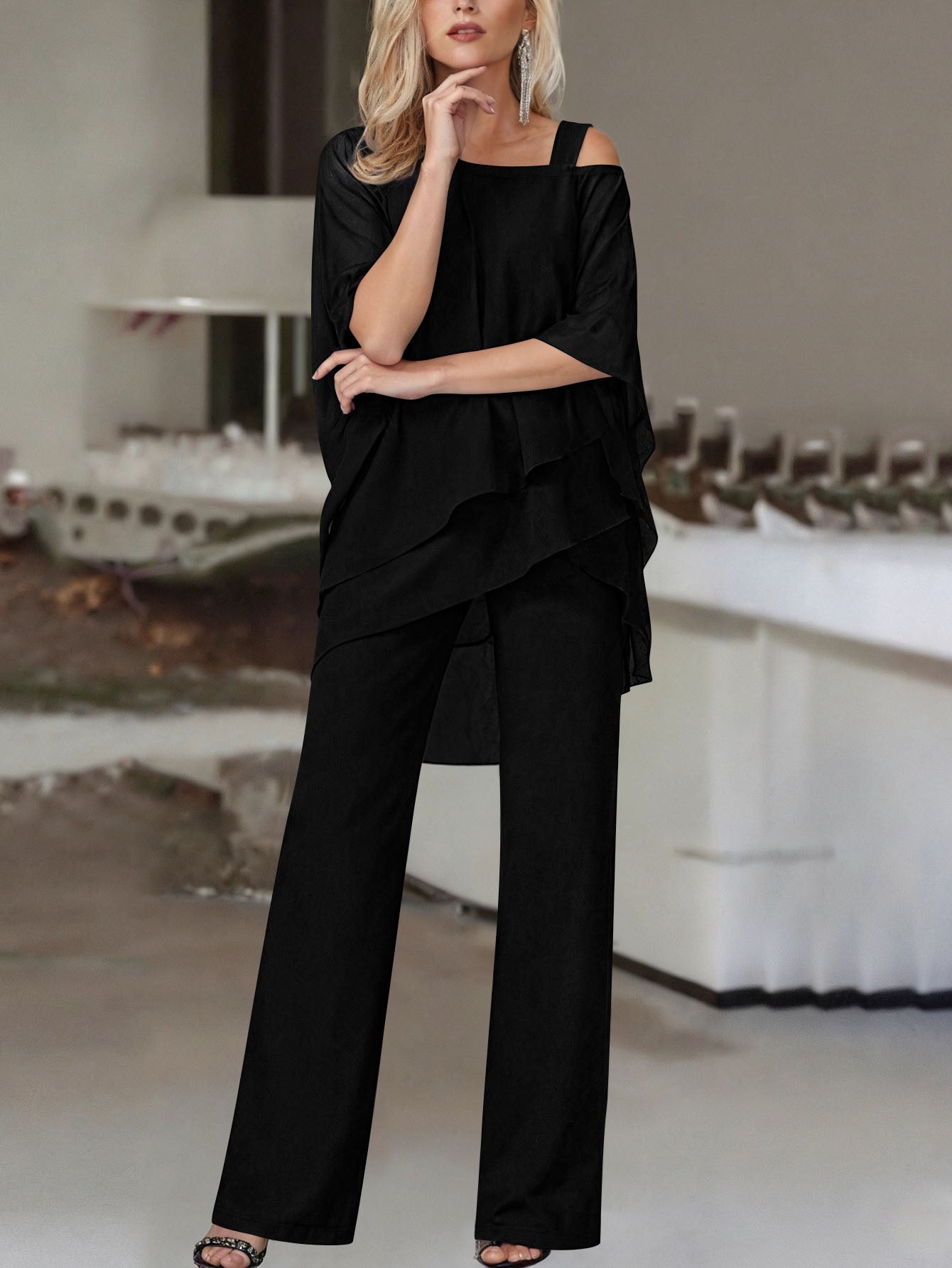 Cold Shoulder Asymmetrical Ruffle Blouse & High Waist Wide Leg Pants Set For Women Casual Elegant Two Piece Outfit Casual Office Wear