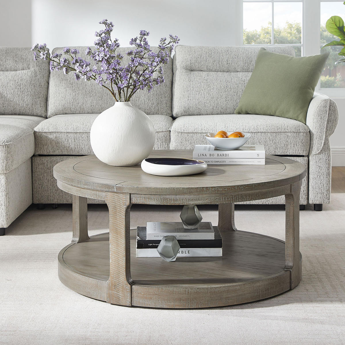 40inch Large Curved 2 Tier Traditional Round Circle Wooden Center Coffee Table,Rounded Table with Wheels,Mid Century Rustic Style Table for living Room,Office,Apartment,Light Brown