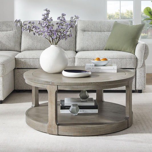 40inch Large Curved 2 Tier Traditional Round Circle Wooden Center Coffee Table,Rounded Table with Wheels,Mid Century Rustic Style Table for living Room,Office,Apartment,Light Brown