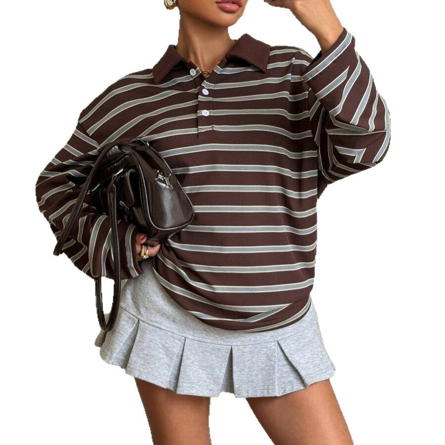 New FallWinter Womens Striped Casual Sweatshirt With Buttons And A Polo Neck