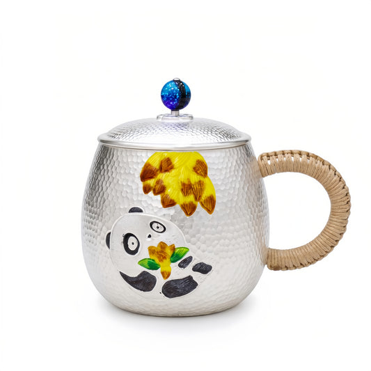 925 Sterling Silver Panda Teapot with Hammered  Finish, Woven Handle, and Cosmic Lid Knob-Premium Tea Mug - Handicraft