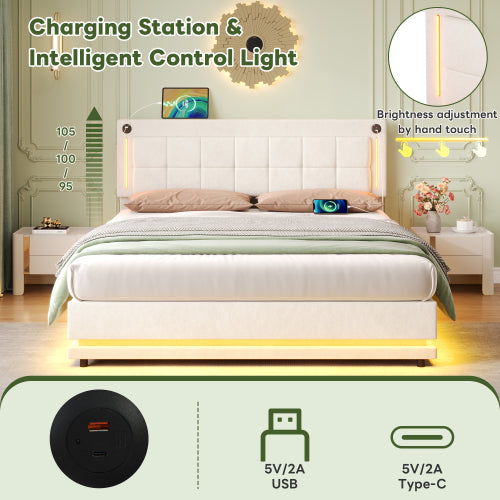 4ft6 Double LED Hydraulic Bed With Charging Station, Adjustable Square Tufted Headboard With Intelligent Control Light, Soft Velvet Bed Frame With USB And Type - C Ports, Beige