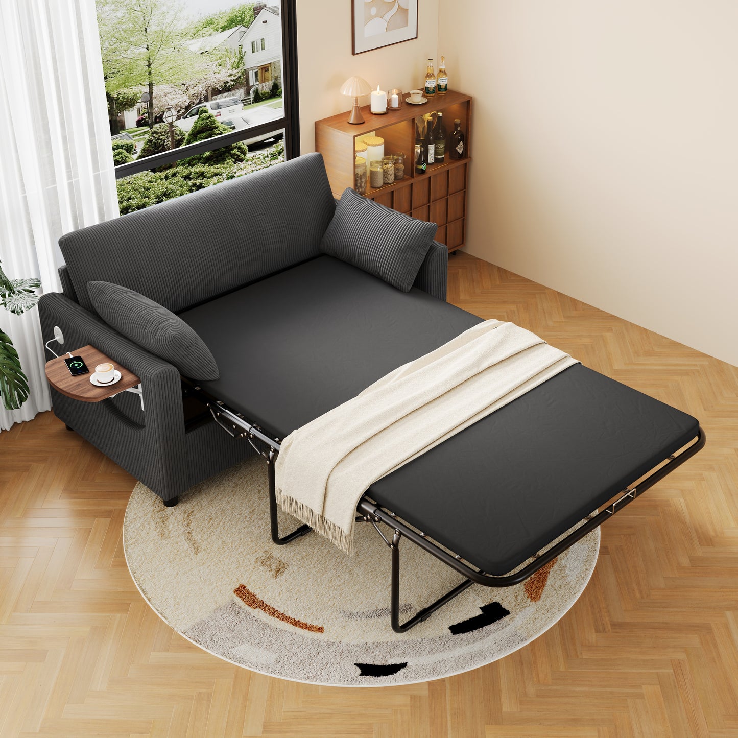 Pull-out 2 Seater Sofa Bed With Sleeping Function, USB Charging Port, Folding Side Table, Mattress, Two Sheets And Two Pillows, Ideal For Living Rooms And Apartments, Grey