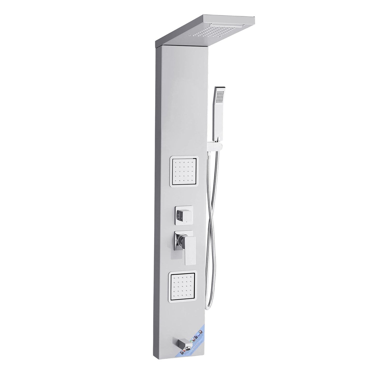 Shower Panel Tower System With Rainfall Waterfall Shower Head, 53 In Brushed Stainless Steel Shower Column, 5-Function Faucet, Wall-Mount Rain Massage System With 2 Body Jet, Handheld, Tub Spout