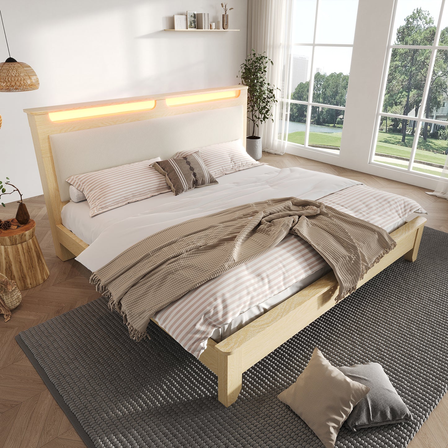 Double Bed Wooden Bed 160X200cm, Headboard With Storage Space, LED Lighting And Beige Corduroy Upholstered Backrest, Bed Frame With Wooden Slats, Light Oak  Without Mattress & Bed Bench