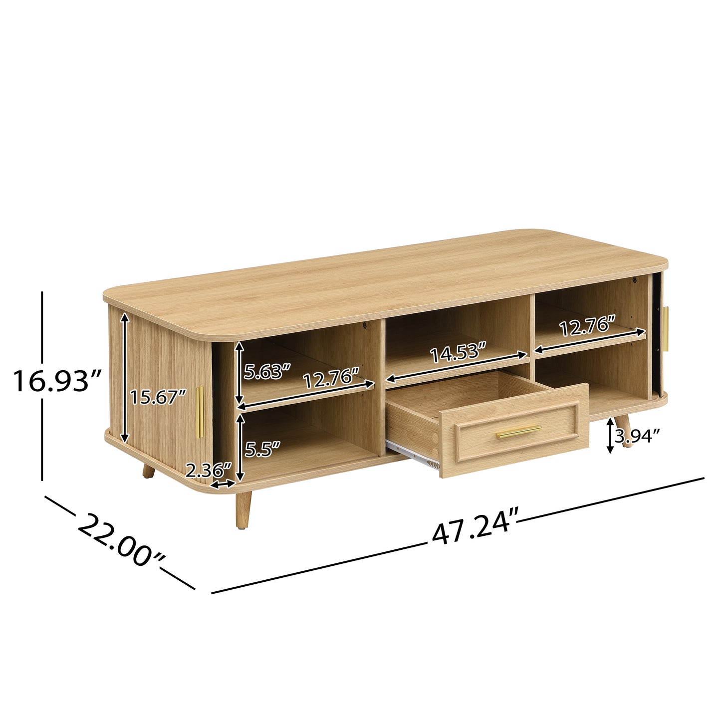Mid-Century Modern Coffee Table With Storage Natural Wood Finish, 2 Doors & 1 Drawer, For Living Room, Entertainment Center, Home Theater