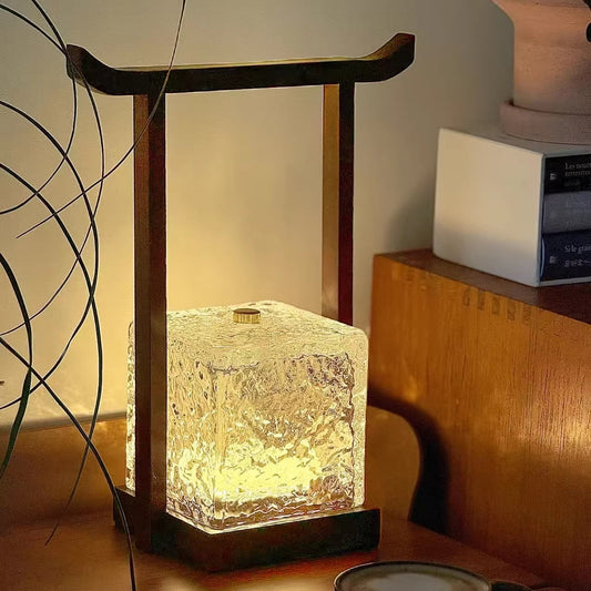 Portable Handheld Water-Pattern Retro-Style Solid Wood Charging Desk Lamp