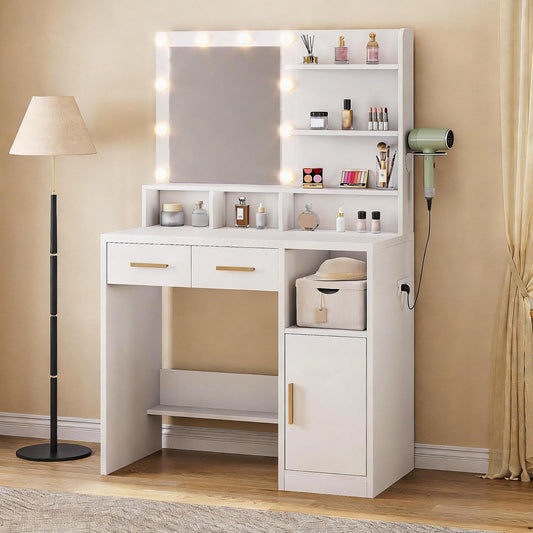 Vanity Desk White Easy Assembly Makeup Table With Mirror 3 Color LED Bulbs Power Outlet Open Storage Shelves Cabinet Drawers For Bedroom