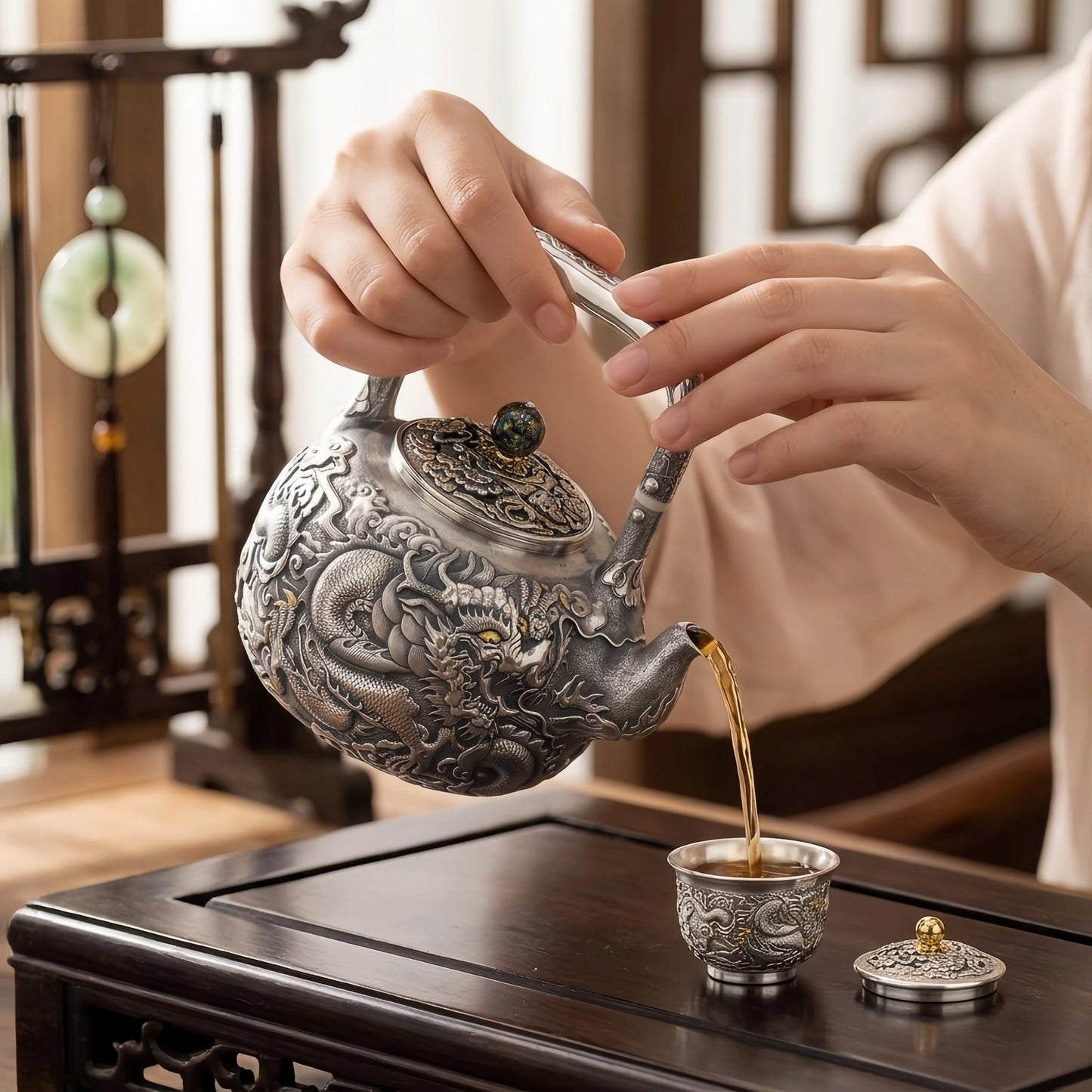 Pure 999 Fine Silver Exquisite Silver Dragon Tea Vessel with Ornate Relief and Dark Gemstone Accents - Handicraft