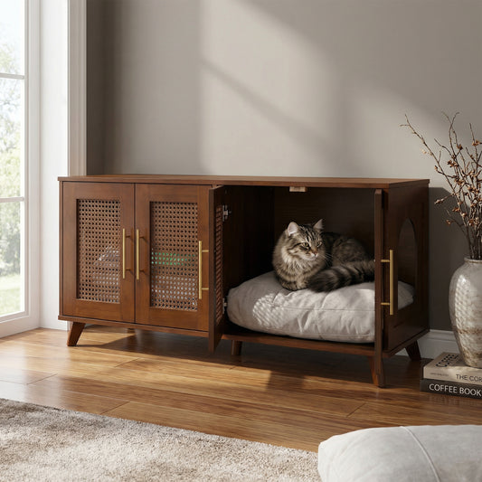 Myra Indoor Premium Rubber Wood Cat Cabinet With Cozy Cushion Stylish Hidden Pet Furniture For Modern Living Spaces