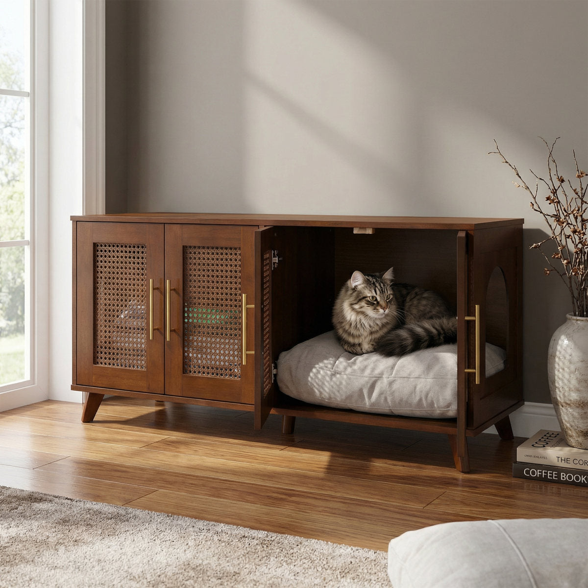 Myra Indoor Premium Rubber Wood Cat Cabinet With Cozy Cushion Stylish Hidden Pet Furniture For Modern Living Spaces
