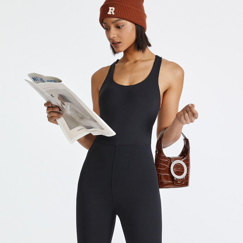 Womens Crew-neck Camisole Bodysuit With Tight-fitting Pants High-stretch Figure-hugging Yoga Wear
