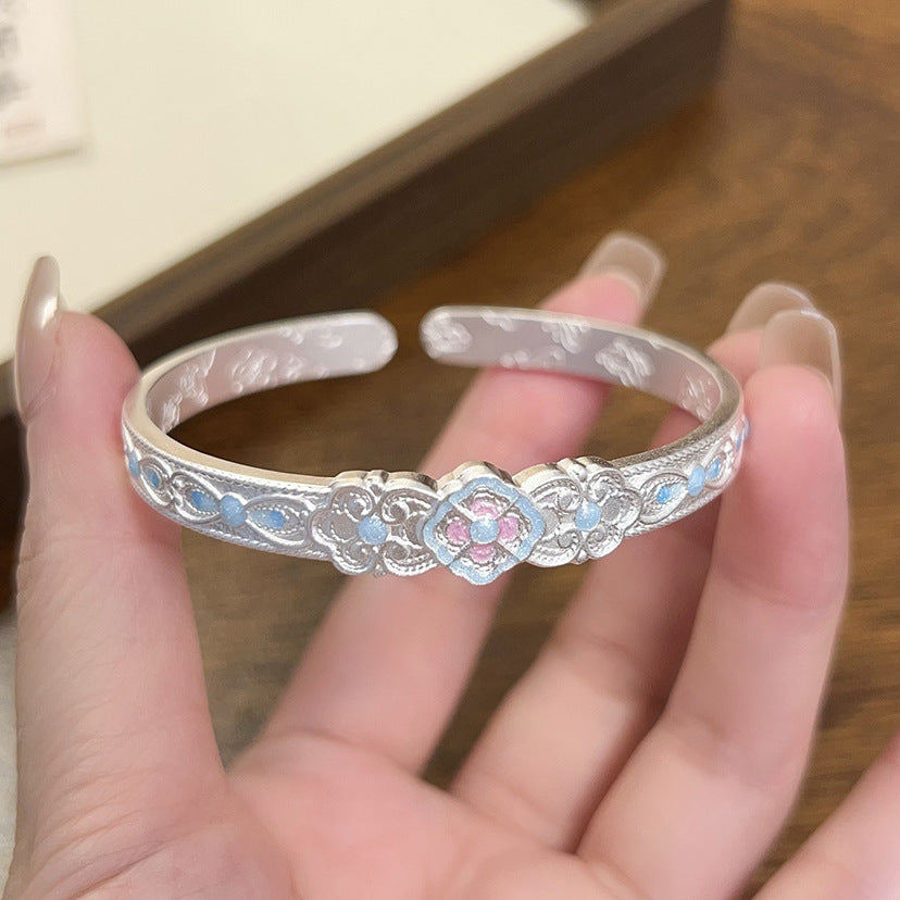 1pcs 925 Sterling Silver Enamel Clover Carved Open Cuff Bangle, Elegant Oriental Style, For Daily Wear & Holiday Gift Giving