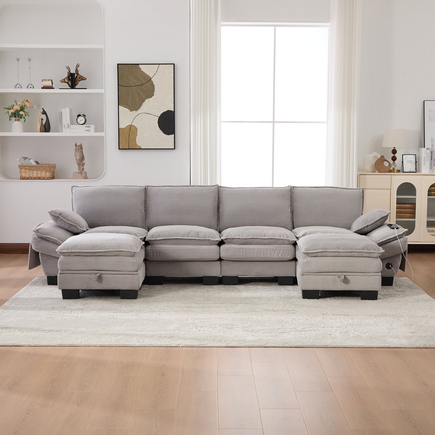 Modular 4-seater Corduroy Sofa  With 2 Stools   Wide Seat, Ergonomic Design, High-density Foam Padding, USB-C Port And Side Pockets.Ideal For Living Room, Office Or Lounge.Light Grey