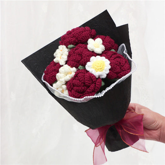 Handmade Crochet Bouquet, Burgundy Roses & White Daisies Everlasting Yarn Flowers, Vintage Floral Ornament For Gifts & Home Decor