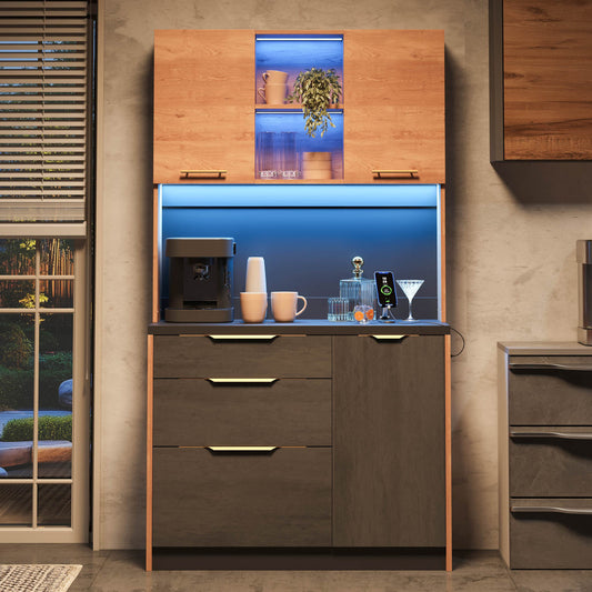 1 0 0 X40 X180 Cm Stylish Kitchen Tall Cabinet, Concrete Look, Black Countertop, Adjustable LED Lighting, European Standard Socket, Suitable For Kitchens, Living Rooms, Apartments, Etc