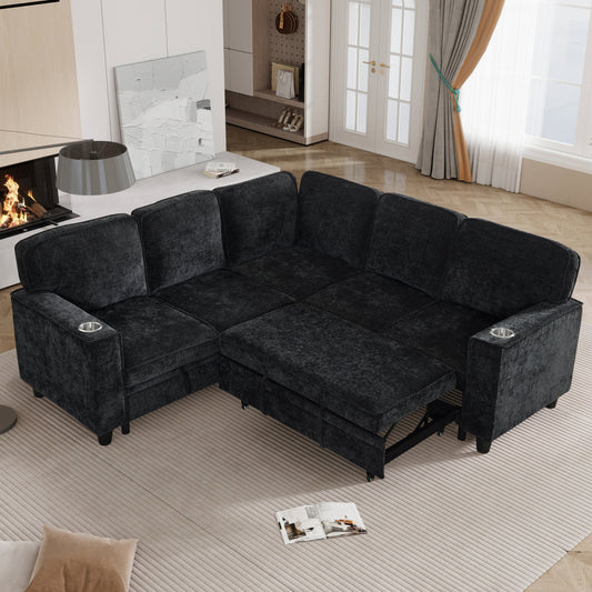 L-Shaped Sofa with Pull Out Sofa Bed, Sleeper Sofa Couch Bed with Storage Seat, 5 Seat Sectional Sofa Bed with USB, Sectional Sofa Couch for Living Room, Apartment, Charcoal Grey
