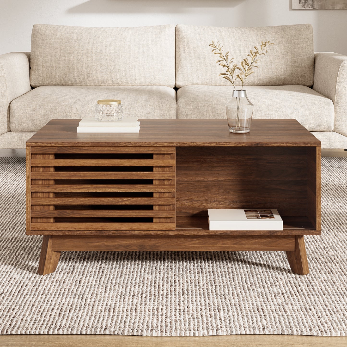Modern Retro Coffee Table, Height-adjustable Table Top, Sliding Blind Door, Walnut Look, MDF Body, Multifunctional Living Room Table