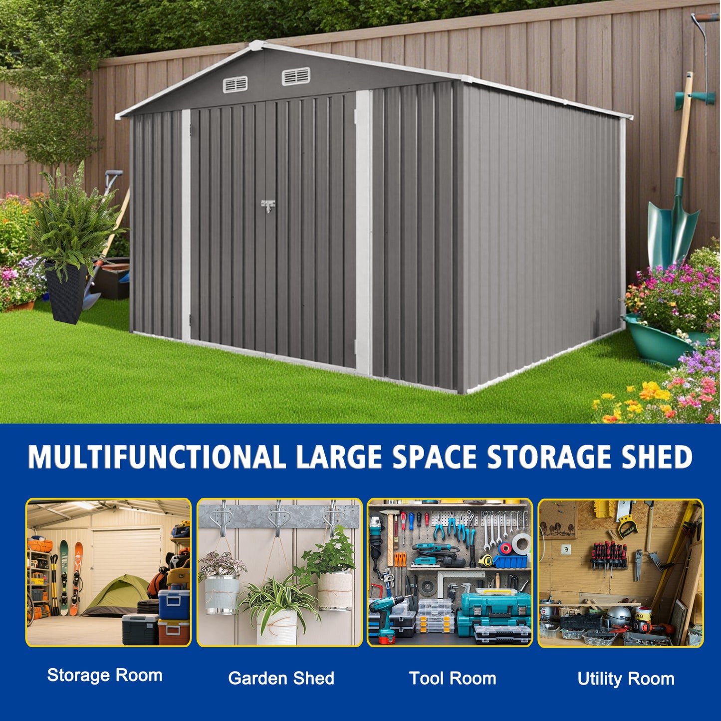 10 X 8 FT Outdoor Storage Shed, Large Metal Storage Shed, Lockable Door And Air Vent, Clear Window Garden Tool Shed For Bicycles, Tools, Lawnmowers, Backyards, Patios, Lawns - Gray
