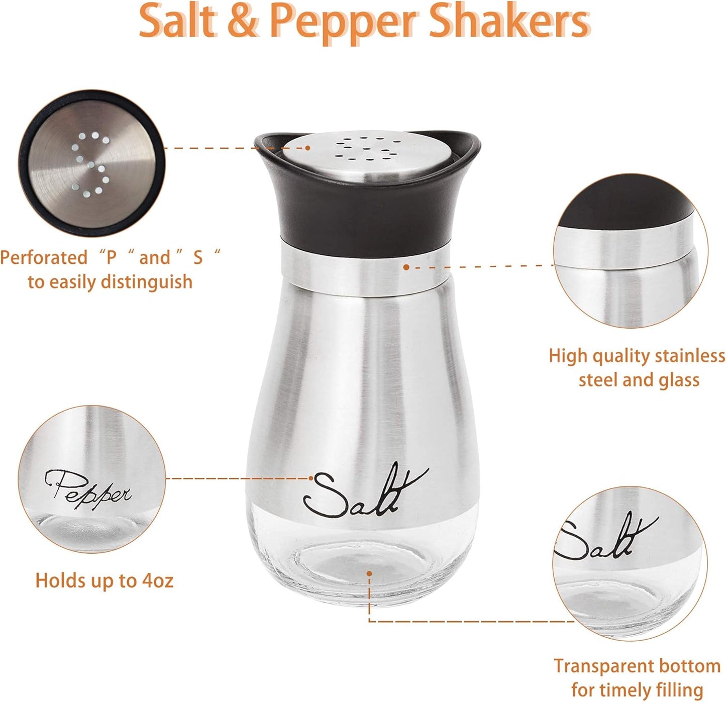 Salt And Pepper Shakers Set - Salt Containers For Gifts, Kitchen Decor, Home, RV, Camp, BBQ, 4 Oz Farmhouse Spice Dispenser With Glass Bottom, Set Of 2